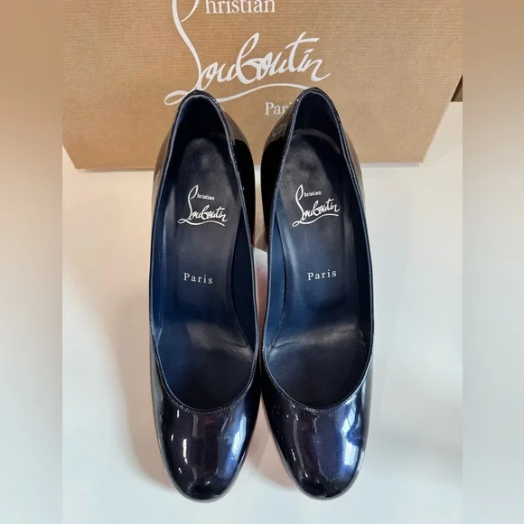 Christian Louboutin Miss Sabina 85mm block-heel Patent Leathe Pumps Navy